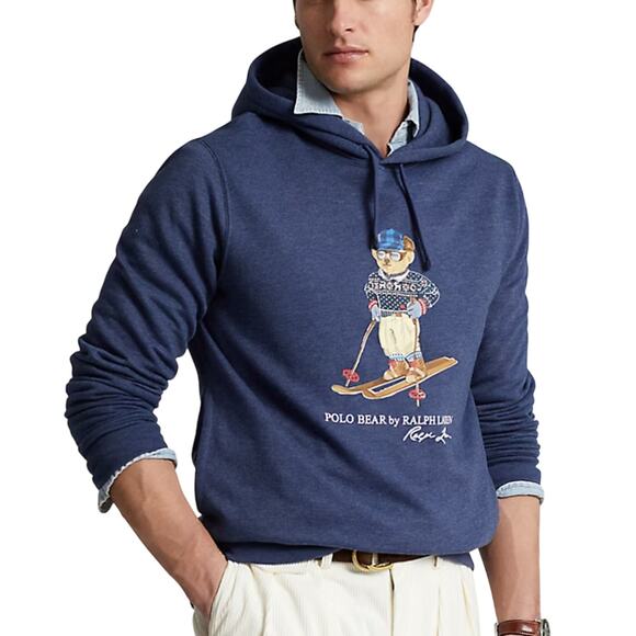 Ralph Lauren Heather Blue Ski Polo Bear Fleece Hoodie Hooded Sweatshirt size M - Picture 1 of 11